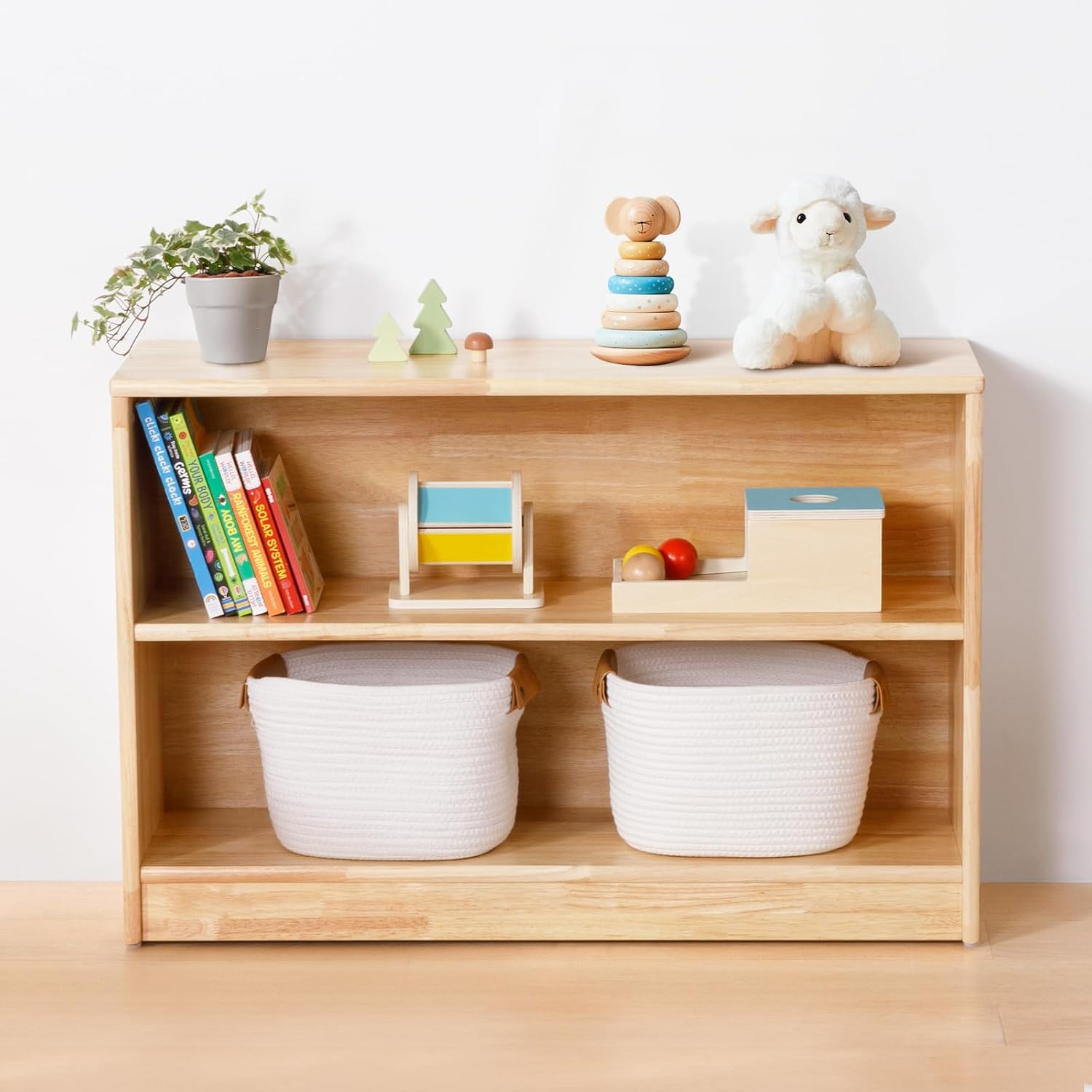 Montessori Shelf Toy - モンテッソーリ式2段おもちゃ収納棚、長さ35.4インチ、厚さ18mmのラバーウッド、角が丸い、子供用、プレイルーム、保育園、カスタマイズ可能