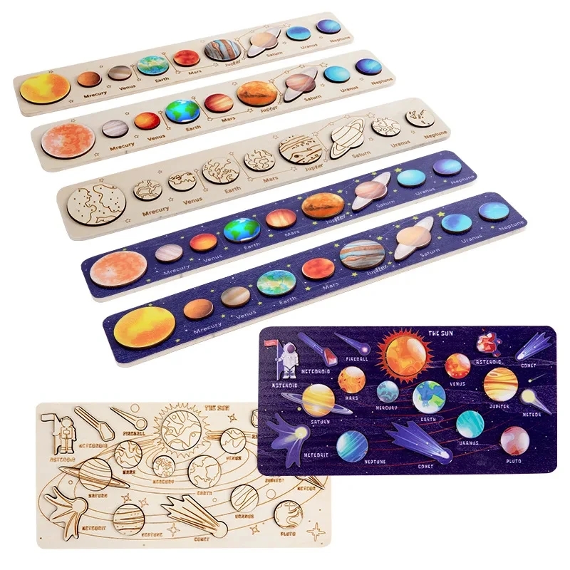 Montessori Shelf Toy - 子供木製宇宙惑星パズルモンテッソーリおもちゃ惑星マッチングゲームジグソートレイ宇宙太陽系科学学習おもちゃ