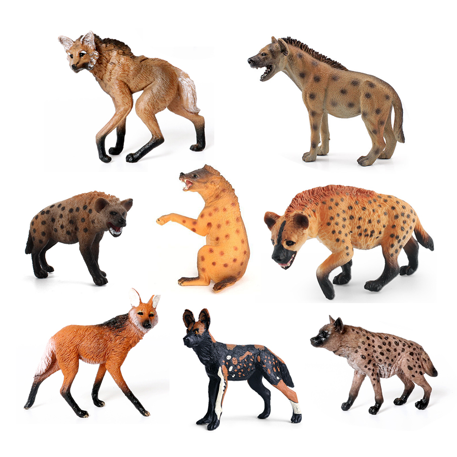 Kids Educational Game - リアルなプラスチック野生動物ハイエナ、たてがみオオカミ、アフリカ野生犬のおもちゃ手描きの置物コレクション科学教育小道具