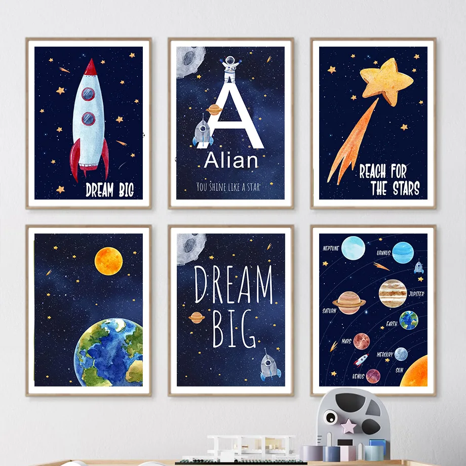 Kids Education Room - 1pc キャンバス絵画カスタム名キッズルーム装飾壁アートプリント宇宙宇宙飛行士インテリアポスターベビーキャンバス装飾