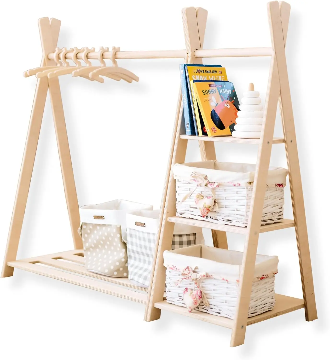 Montessori Shelf Toy - おもちゃ収納＋モンテッソーリワードローブ、木製衣類ラック、おもちゃ棚、子供部屋家具、木製棚、モンテッソーリ家具、子供部屋
