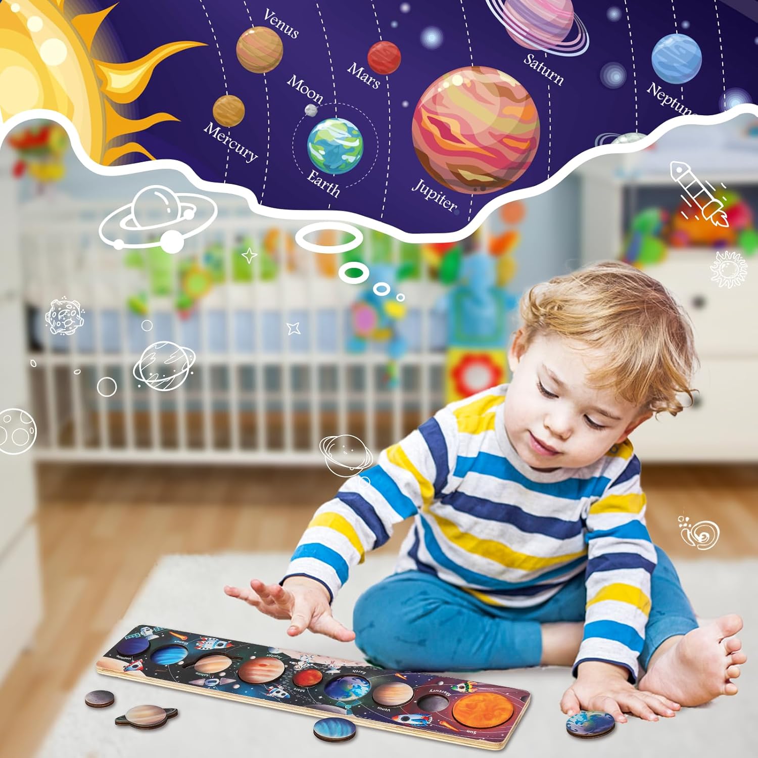 子供木製宇宙惑星パズルモンテッソーリおもちゃ惑星マッチングゲ - Montessori Shelf Toy のレビューと価格